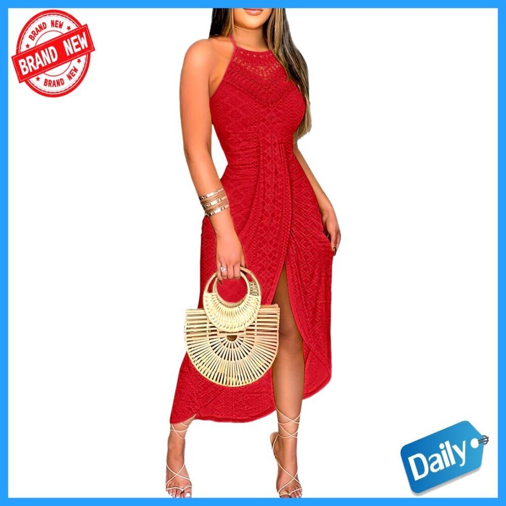 Summer Halter Maxi Dress with Side Slit and Eyelet Embroidery